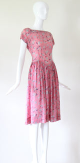 "Scattered Florals" Vintage 1940's Pink & Navy Scattered Floral Silk Dress UK 8 US 4