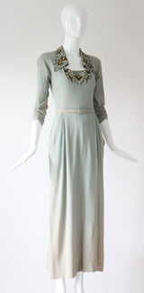 "Eau De Nil & Gold Beadwork" Vintage 1940's Eau De Nil Crepe Silk And Beadwork Evening Gown UK 8-10 US 4-6