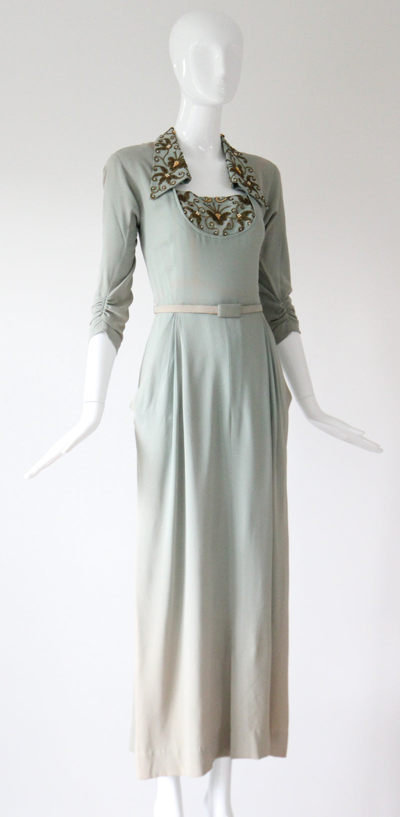 "Eau De Nil & Gold Beadwork" Vintage 1940's Eau De Nil Crepe Silk And Beadwork Evening Gown UK 8-10 US 4-6