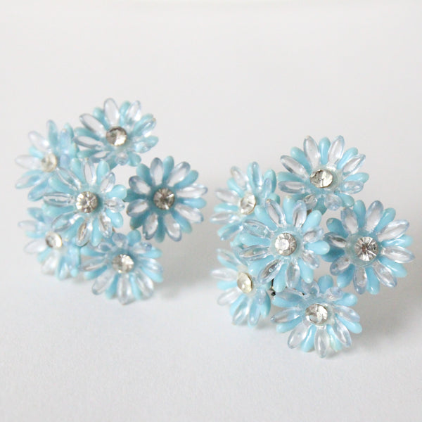 "Blue Rhinestone Daisies" Vintage 1950's Blue & Clear Rhinestone Daisy Clip on Earrings