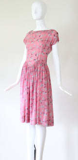 "Scattered Florals" Vintage 1940's Pink & Navy Scattered Floral Silk Dress UK 8 US 4