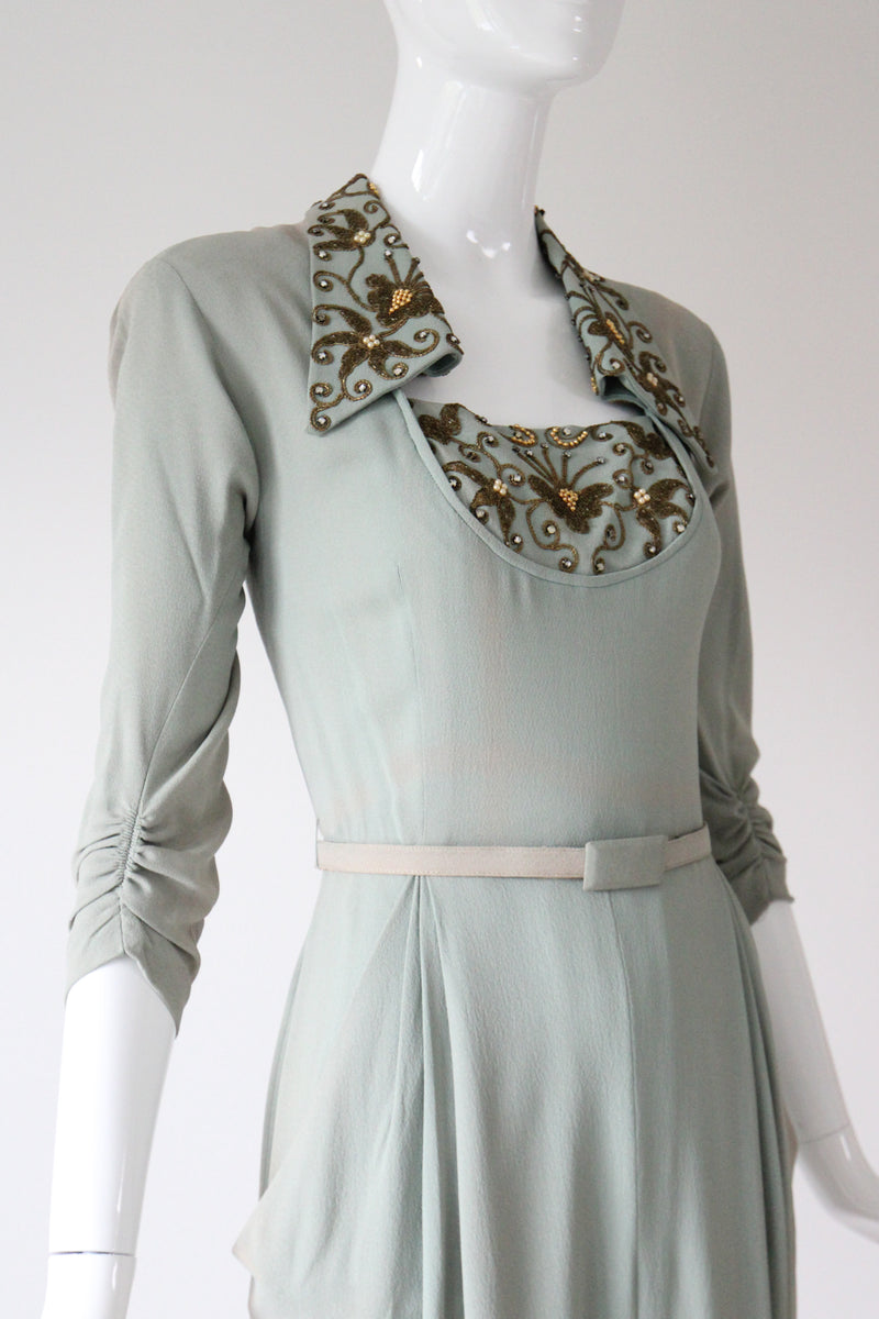 "Eau De Nil & Gold Beadwork" Vintage 1940's Eau De Nil Crepe Silk And Beadwork Evening Gown UK 8-10 US 4-6