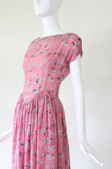 "Scattered Florals" Vintage 1940's Pink & Navy Scattered Floral Silk Dress UK 8 US 4