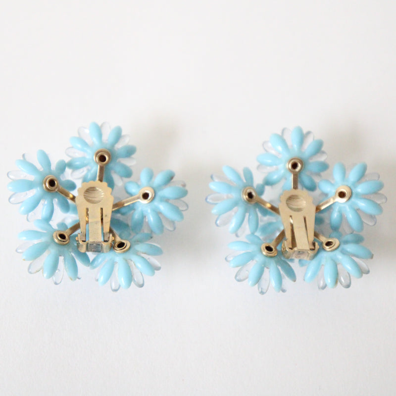 "Blue Rhinestone Daisies" Vintage 1950's Blue & Clear Rhinestone Daisy Clip on Earrings