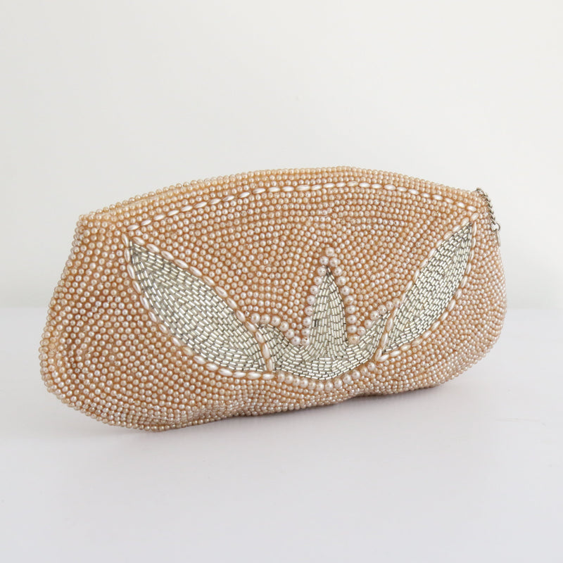 "Champagne Pearls" Vintage 1950's Pearl & Grey Beaded Clutch Bag