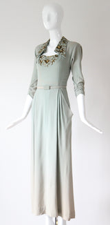 "Eau De Nil & Gold Beadwork" Vintage 1940's Eau De Nil Crepe Silk And Beadwork Evening Gown UK 8-10 US 4-6
