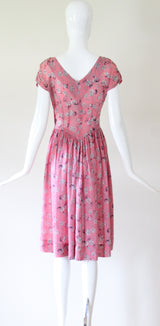"Scattered Florals" Vintage 1940's Pink & Navy Scattered Floral Silk Dress UK 8 US 4