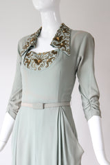 "Eau De Nil & Gold Beadwork" Vintage 1940's Eau De Nil Crepe Silk And Beadwork Evening Gown UK 8-10 US 4-6