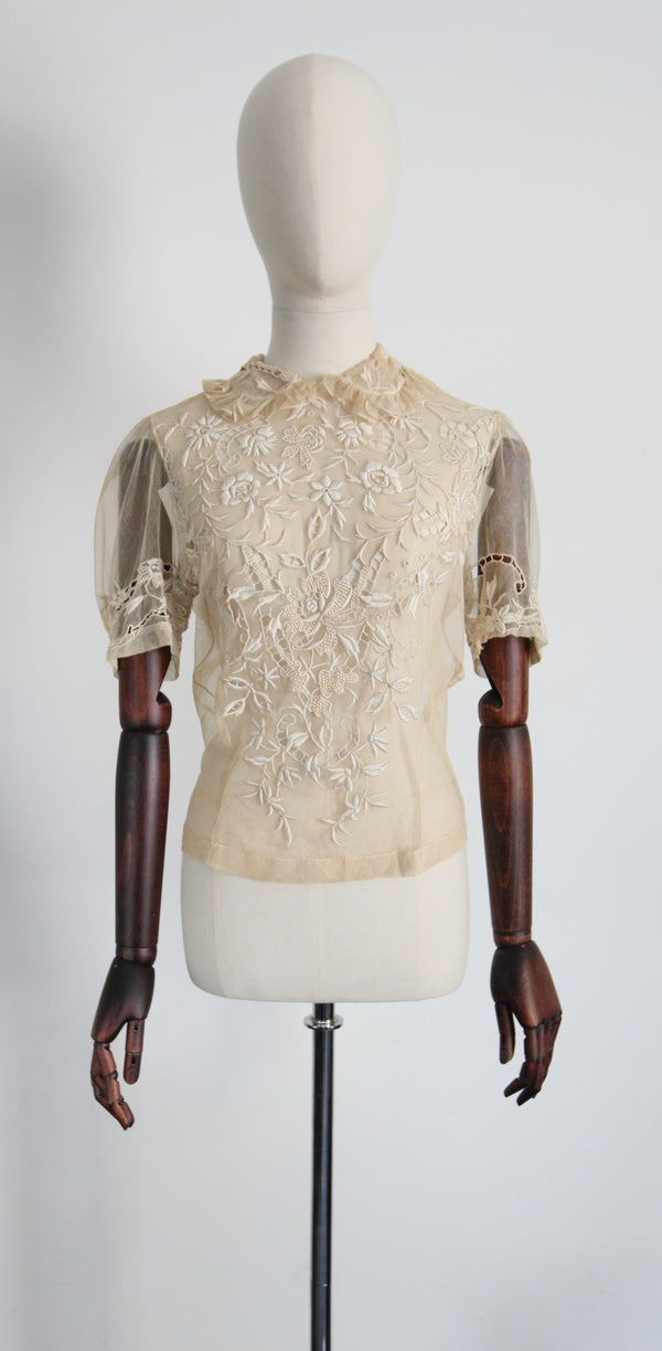 "Silk Floral Embroidery On Tulle" Antique Edwardian Silk Floral Embroidered Tulle Blouse UK 8-10 US 4-6