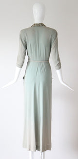 "Eau De Nil & Gold Beadwork" Vintage 1940's Eau De Nil Crepe Silk And Beadwork Evening Gown UK 8-10 US 4-6