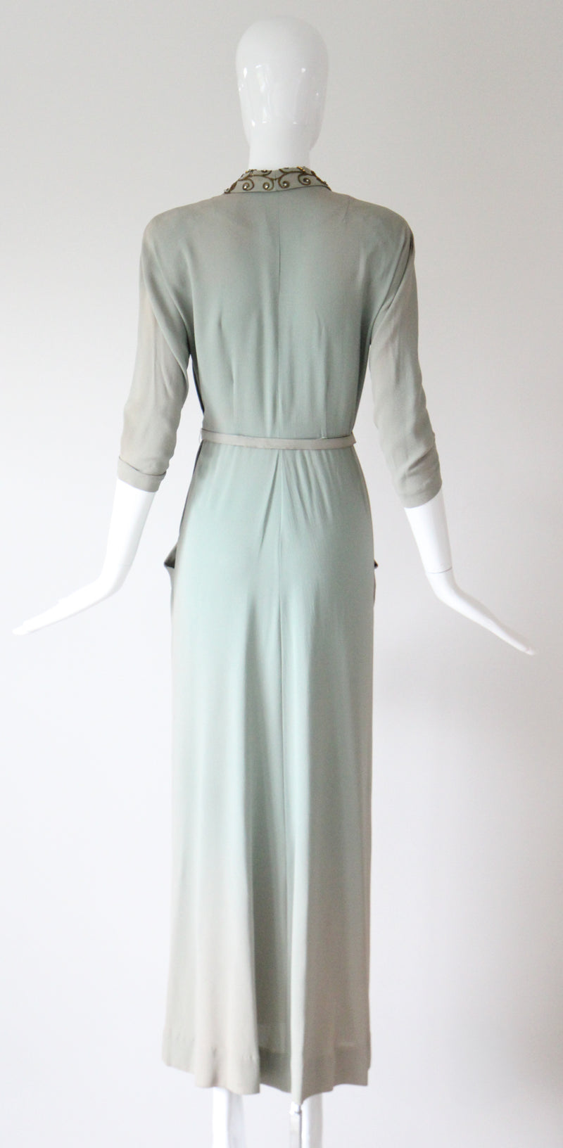 "Eau De Nil & Gold Beadwork" Vintage 1940's Eau De Nil Crepe Silk And Beadwork Evening Gown UK 8-10 US 4-6