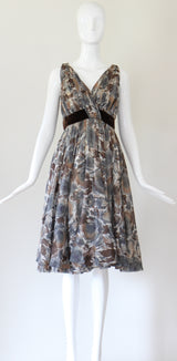 "Watercolour Roses & Velvet" Vintage 1950's Pleated Watercolour Floral Dress UK 8 US 4