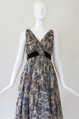 "Watercolour Roses & Velvet" Vintage 1950's Pleated Watercolour Floral Dress UK 8 US 4