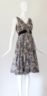 "Watercolour Roses & Velvet" Vintage 1950's Pleated Watercolour Floral Dress UK 8 US 4