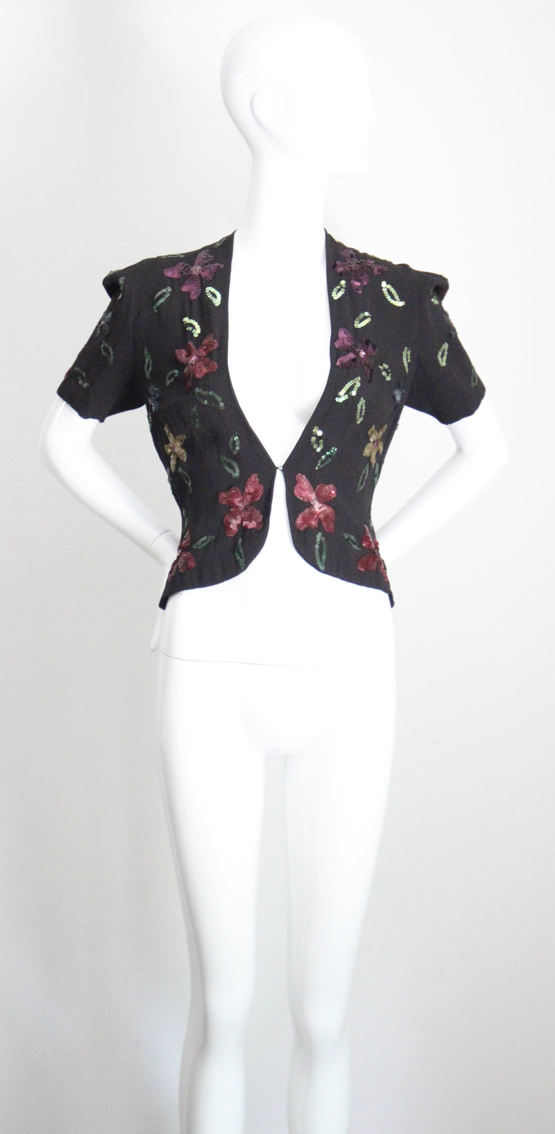 "Sequin Florals" Vintage 1940's Black Rayon & Sequin Jacket UK 8-10 US 4-6