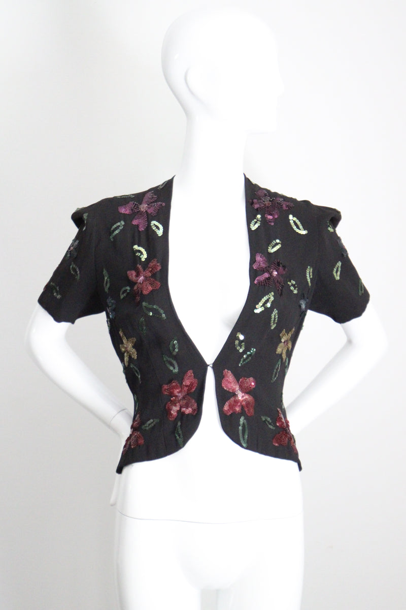 "Sequin Florals" Vintage 1940's Black Rayon & Sequin Jacket UK 8-10 US 4-6
