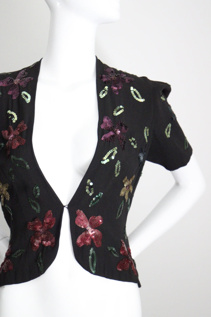"Sequin Florals" Vintage 1940's Black Rayon & Sequin Jacket UK 8-10 US 4-6