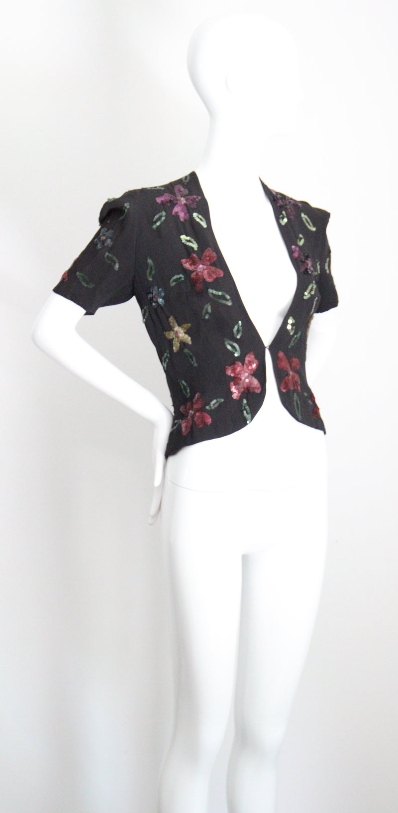 "Sequin Florals" Vintage 1940's Black Rayon & Sequin Jacket UK 8-10 US 4-6