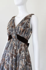 "Watercolour Roses & Velvet" Vintage 1950's Pleated Watercolour Floral Dress UK 8 US 4