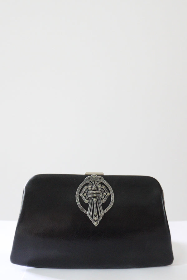 "Marcasite & Leather" Vintage 1930's Marcasite Clasp Leather Clutch Bag