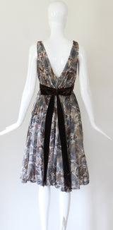 "Watercolour Roses & Velvet" Vintage 1950's Pleated Watercolour Floral Dress UK 8 US 4
