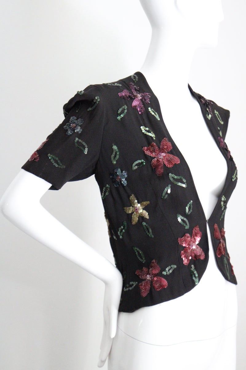 "Sequin Florals" Vintage 1940's Black Rayon & Sequin Jacket UK 8-10 US 4-6