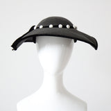"Scallop Straw & Velvet" Vintage 1950's Black Straw & Velvet Scalloped Saucer Hat