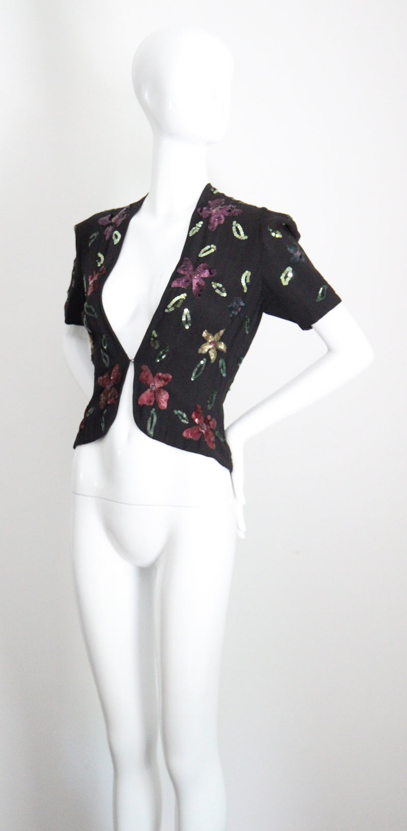 "Sequin Florals" Vintage 1940's Black Rayon & Sequin Jacket UK 8-10 US 4-6