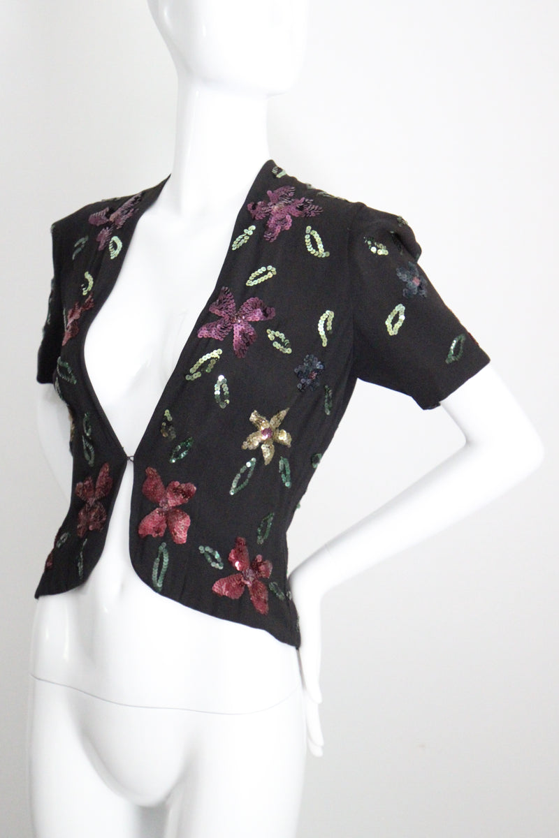 "Sequin Florals" Vintage 1940's Black Rayon & Sequin Jacket UK 8-10 US 4-6