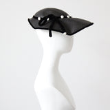 "Scallop Straw & Velvet" Vintage 1950's Black Straw & Velvet Scalloped Saucer Hat