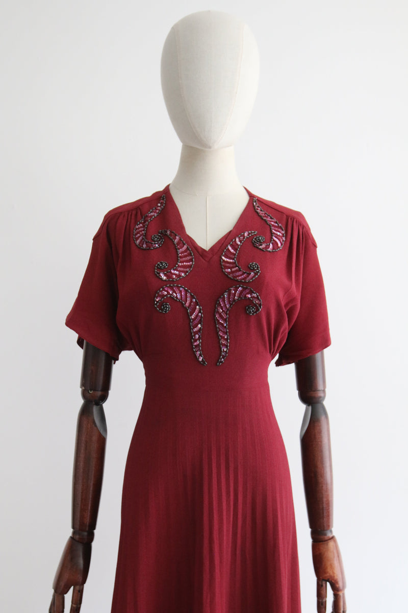 "Claret Crepe & Beadwork" Vintage 1940's Claret Crepe Silk Bead Embellished Dress UK 14 US 10