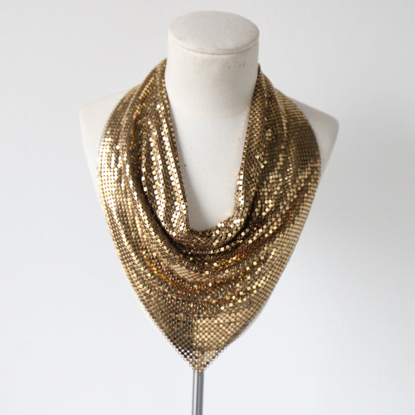 "Gold Cowl Drape" Vintage 1970's Whiting & Davis Gold Mesh Bib Necklace