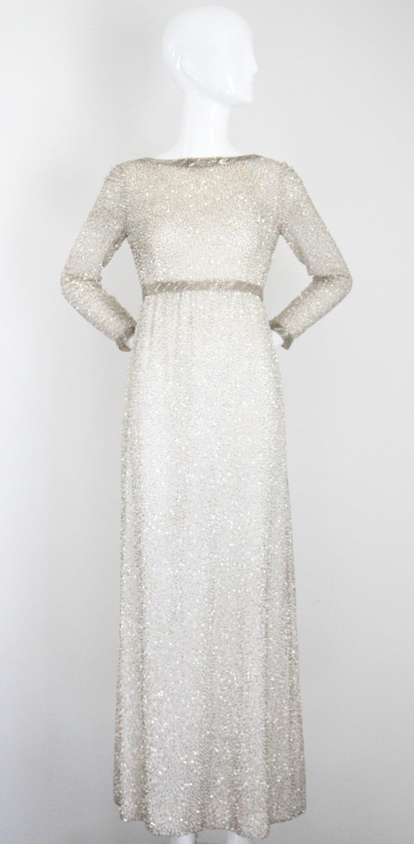 "Silver Beadwork" Vintage 1960's Silver Glass Beaded Evening Dress UK 8 US 4