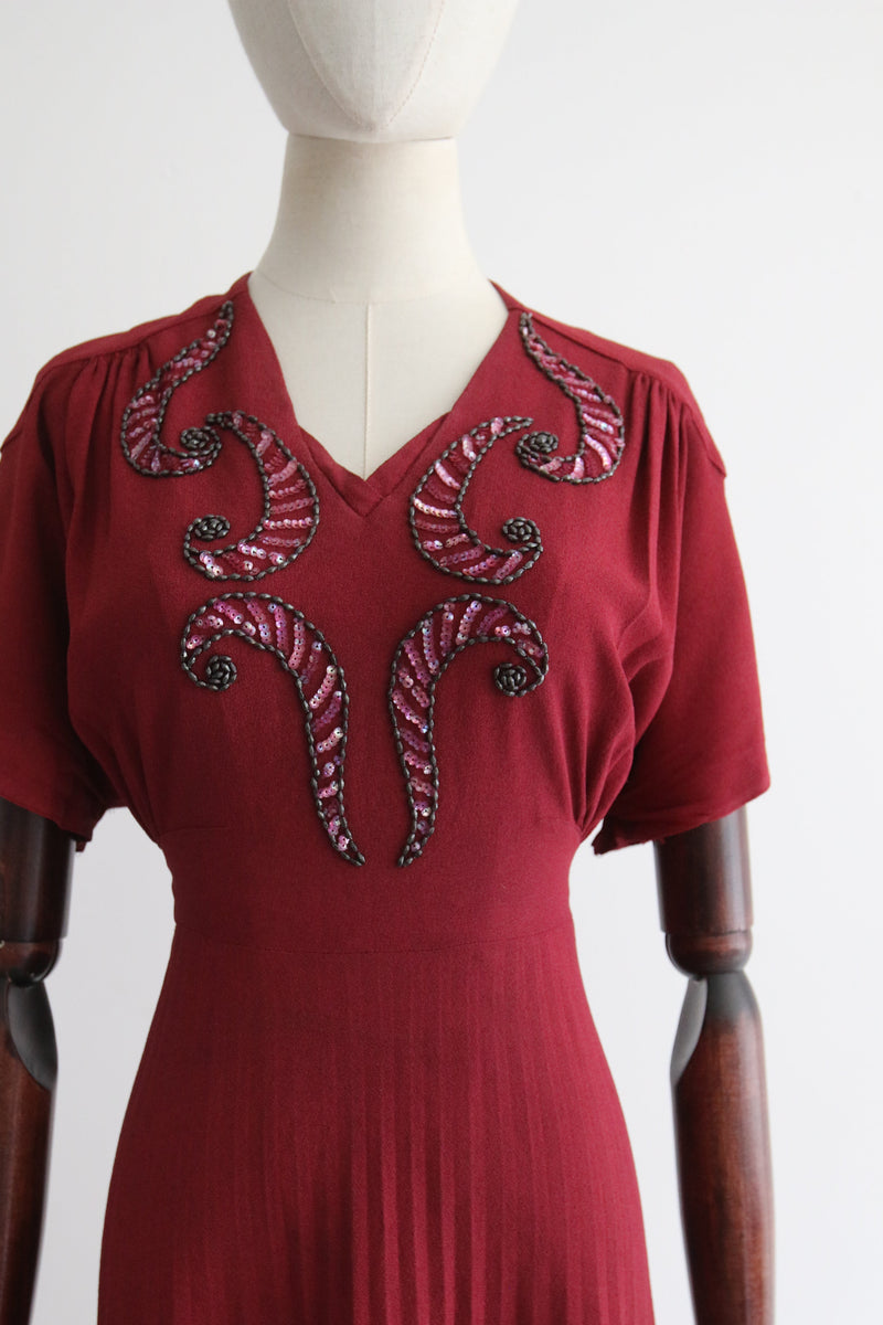"Claret Crepe & Beadwork" Vintage 1940's Claret Crepe Silk Bead Embellished Dress UK 14 US 10