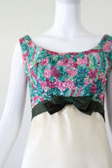 "Sequins & Silk" Vintage 1960's Sequin & Silk Embellished Cocktail Dress UK 10 US 6