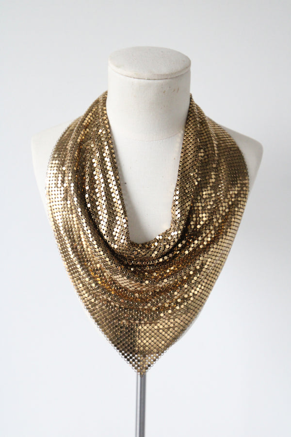 "Gold Cowl Drape" Vintage 1970's Whiting & Davis Gold Mesh Bib Necklace