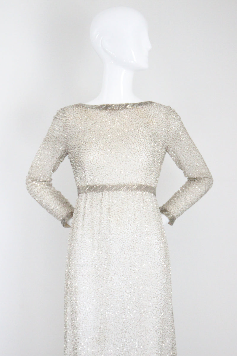 "Silver Beadwork" Vintage 1960's Silver Glass Beaded Evening Dress UK 8 US 4