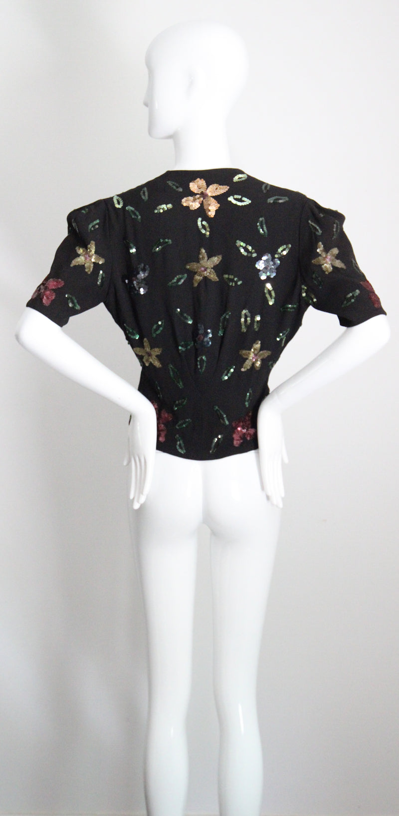 "Sequin Florals" Vintage 1940's Black Rayon & Sequin Jacket UK 8-10 US 4-6