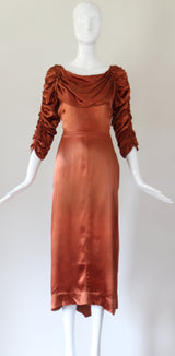 "Amber Satin" Vintage 1930's Amber Satin Pleated & Ruched Satin Dress UK 10 US 6