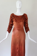 "Amber Satin" Vintage 1930's Amber Satin Pleated & Ruched Satin Dress UK 10 US 6