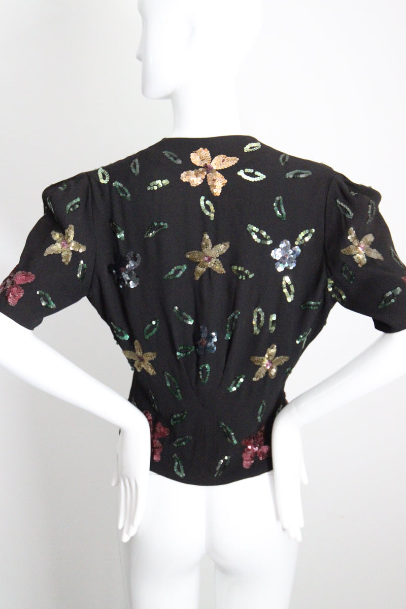 "Sequin Florals" Vintage 1940's Black Rayon & Sequin Jacket UK 8-10 US 4-6