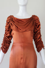 "Amber Satin" Vintage 1930's Amber Satin Pleated & Ruched Satin Dress UK 10 US 6