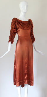 "Amber Satin" Vintage 1930's Amber Satin Pleated & Ruched Satin Dress UK 10 US 6