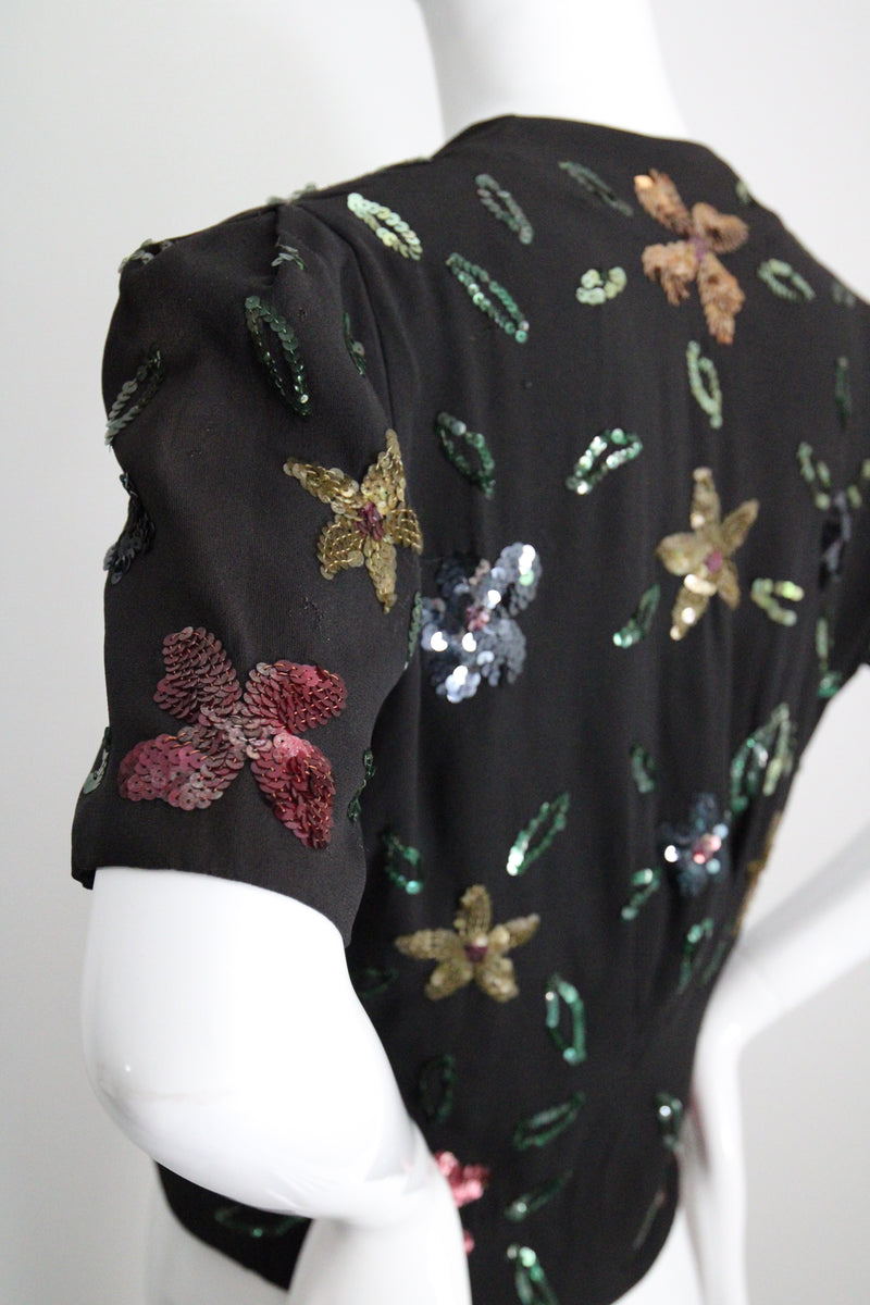 "Sequin Florals" Vintage 1940's Black Rayon & Sequin Jacket UK 8-10 US 4-6