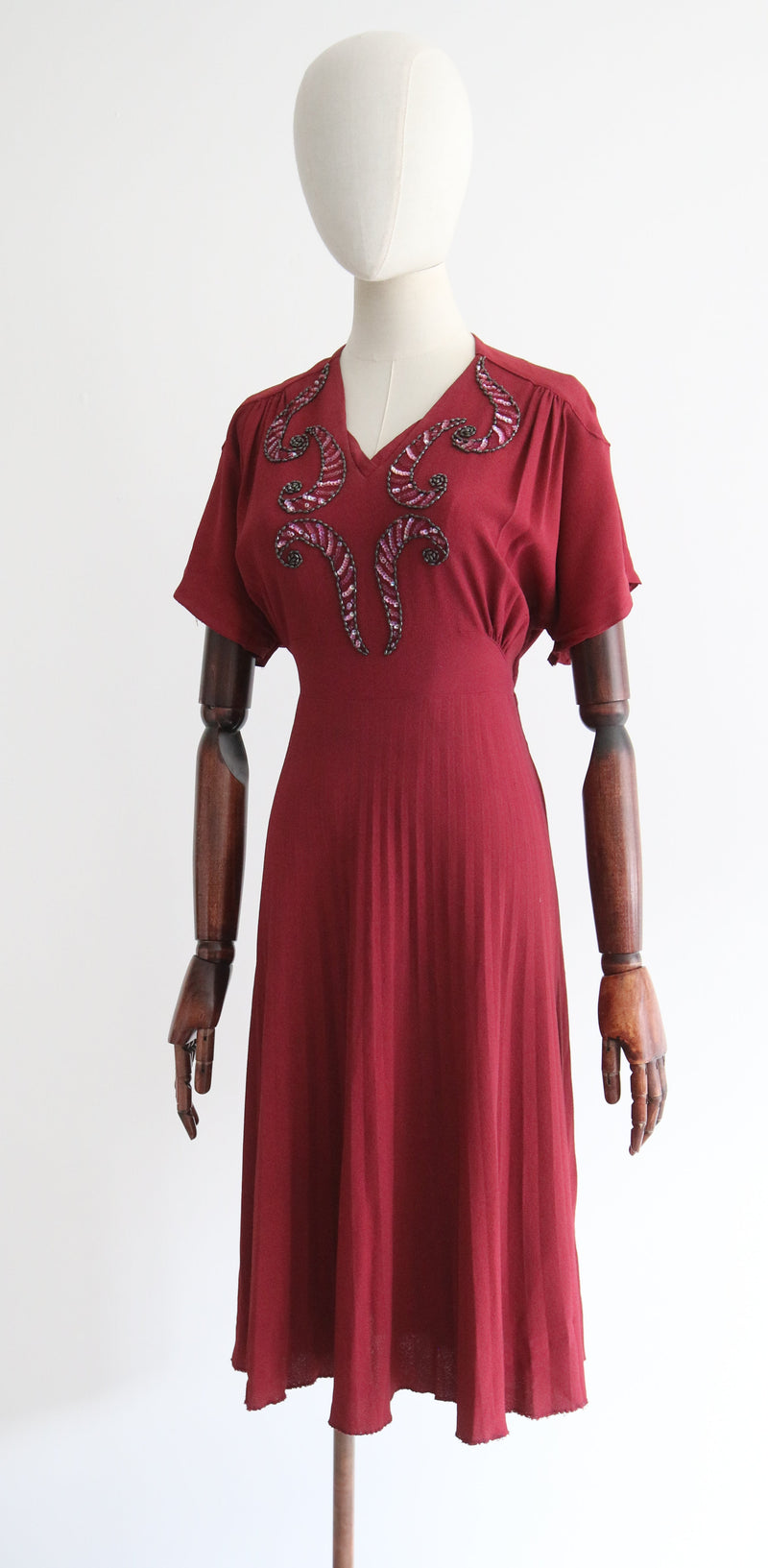 "Claret Crepe & Beadwork" Vintage 1940's Claret Crepe Silk Bead Embellished Dress UK 14 US 10