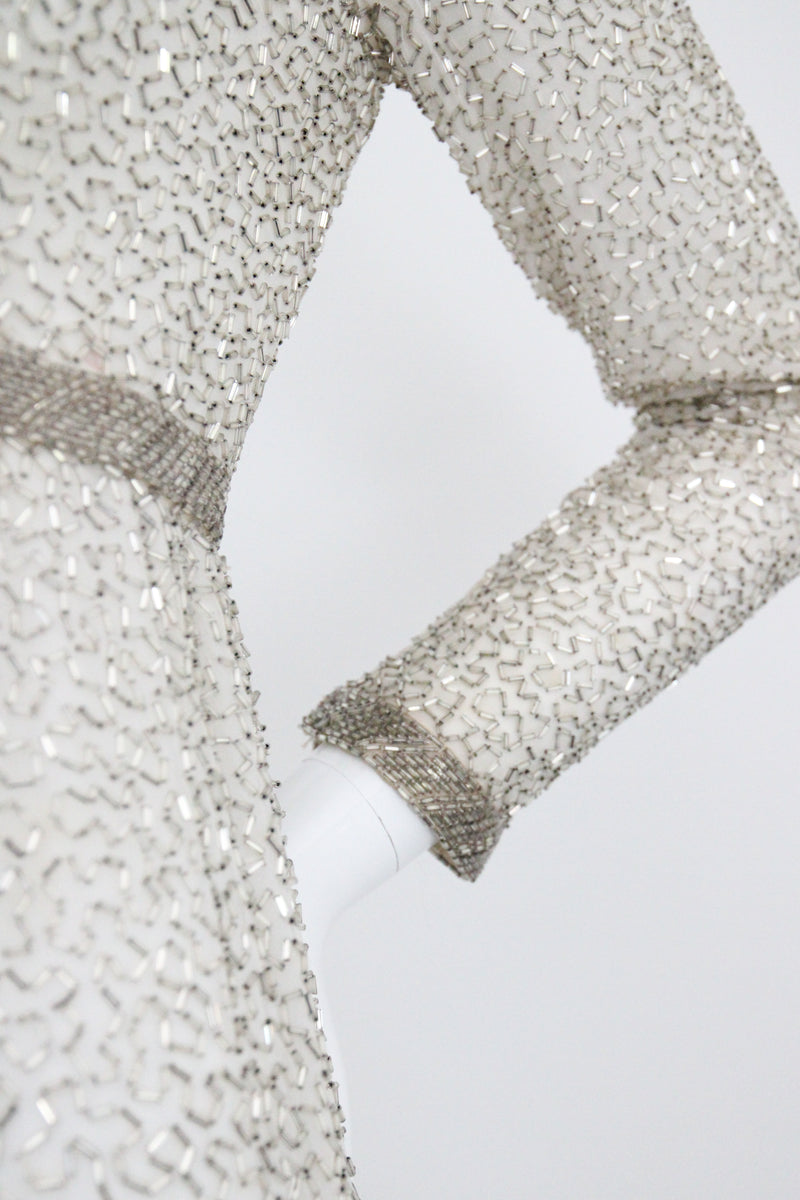 "Silver Beadwork" Vintage 1960's Silver Glass Beaded Evening Dress UK 8 US 4
