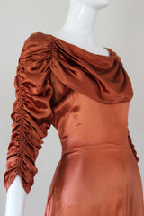 "Amber Satin" Vintage 1930's Amber Satin Pleated & Ruched Satin Dress UK 10 US 6