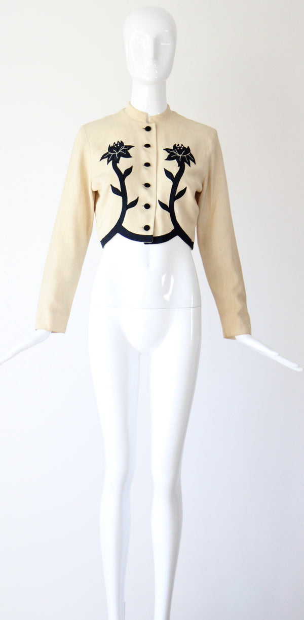 "Rhinestone Buds" Vintage 1940's Cream & Black Floral Linen Jacket UK 10 US 6