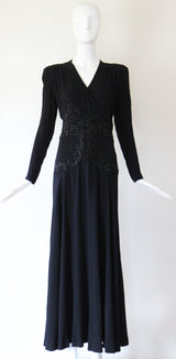 "Glass Beadwork & Silk" Vintage 1940's Crepe Silk Beaded Evening Gown & Jacket UK 10 US 6