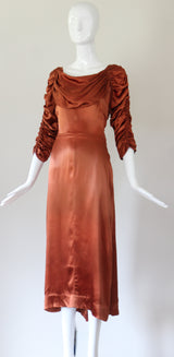 "Amber Satin" Vintage 1930's Amber Satin Pleated & Ruched Satin Dress UK 10 US 6